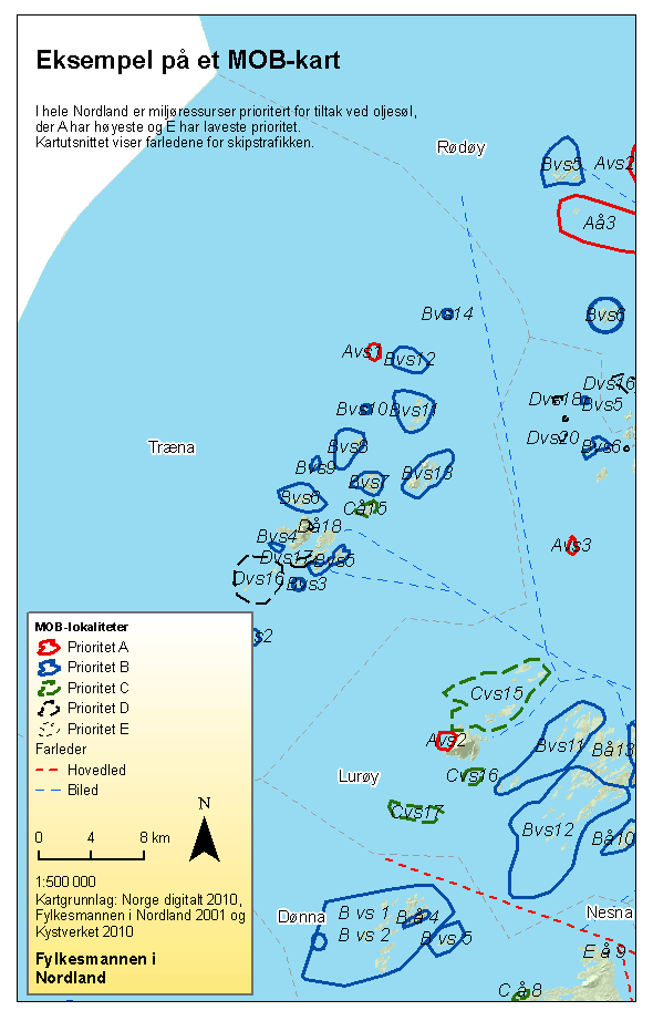 MOB-kartlegging Sårbare områder langs kysten er kartlagt gjennom den såkalte MOB-kartleggingen 107 og ligger tilgjengelig i nasjonale ressursbaser som benyttes ved øvelser og aksjoner ved akutt