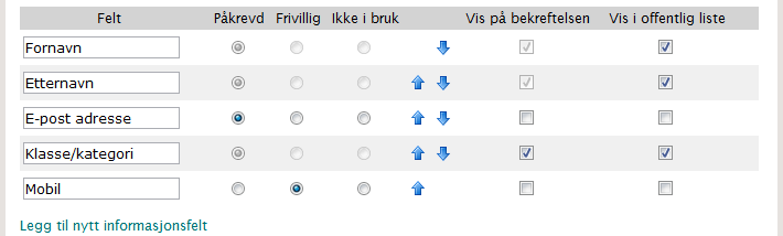 Dersom du ønsker å deaktivere en kategori kan du fjerne haken i avmerkingsboksen i kolonnen "Aktiv".