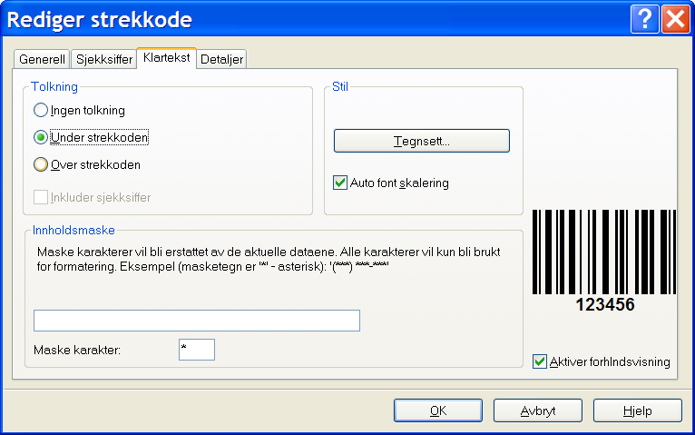 Fane Generell lister opp alle de ulike strekkodestilene. Forhåndsvisningen av strekkode på høyre side, viser de ulike formatene.