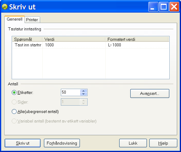 Hvis det er ønskelig med sekvensiell strekkode, klikk nedoverpil ved siden av strekkode og gjenta som vist ovenfor. Når etikettene skal skrives ut, klikk Utskrift og en Utskriftsboks åpnes.