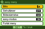 1. Trykk på [MENU]. easy-menyen vil fremvises med større tekst enn hva som er standard. 2. Bruk [8] og [2] til å velge ønsket menyelement og trykk deretter på [SET]. 3.