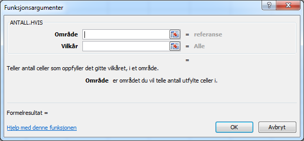 Når vi har kommet så langt, skal vi lage en tabell av dataene. Det finnes en funksjon som hjelper oss med dette. Sett først musen i celle B13 slik det er gjort i figuren over.