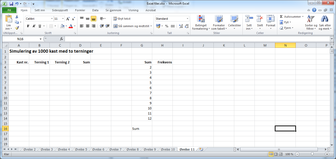 ØVELSE 11. KAST MED 2 TERNINGER Denne øvelsen bygger på øvelse 10 der vi kastet én terning. Her skal vi lage et regneark som simulerer 1000 kast med to terninger.