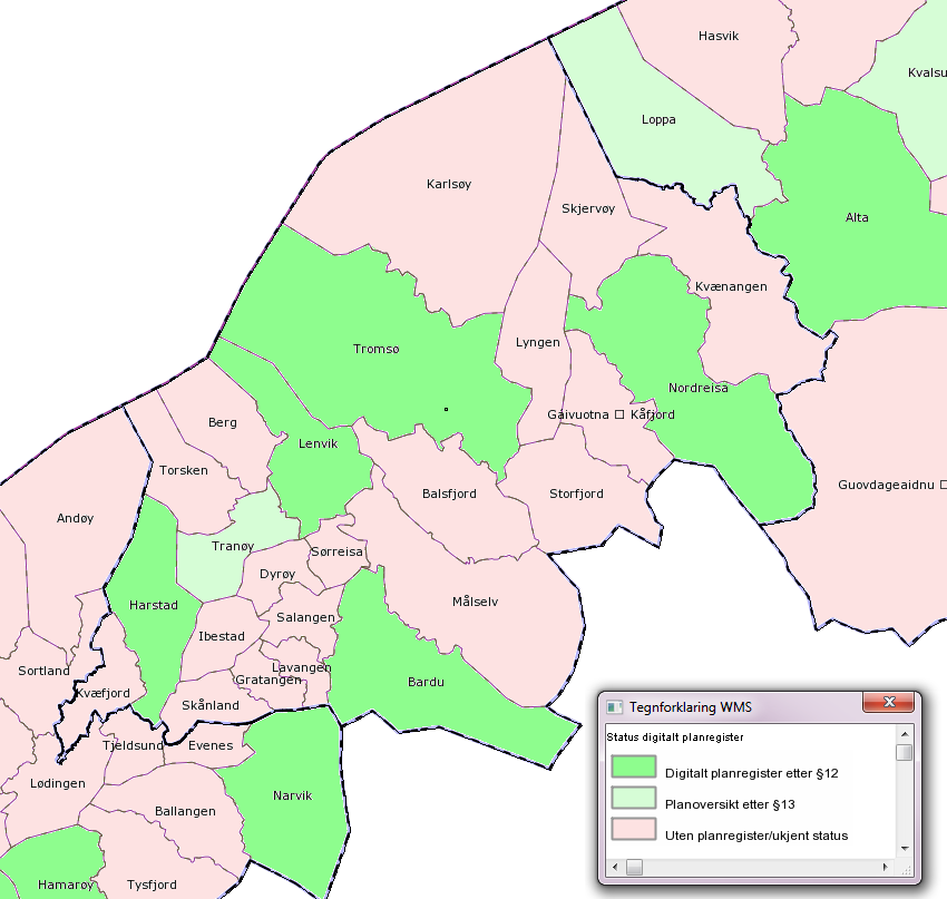 Figur 7: for kommunale planregistre i Troms, september 2013. Tiltak Få gjennomført planprosjekt for å få digitalt planregister i flere kommuner.