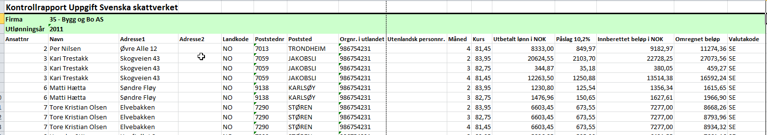 For å starte rapporten trykkes på knappen for Vis rapport Rapporten dannes til regneark som bruker må lagre til eget område.