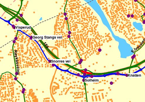 Linje: 401 Retning: Skedsokorset Georg Stangs vei Kort og trafikkfarlig holdeplass uten