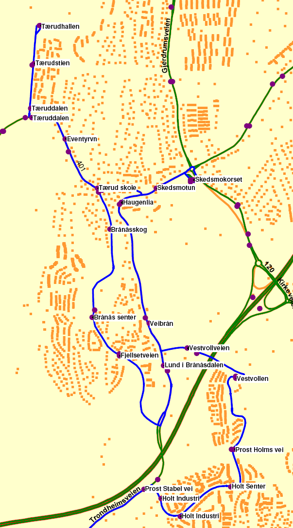 Linje: 401 Retning: Skedsokorset Tærud skole Holdeplassen