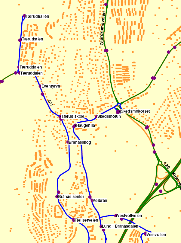Linje: 401 Retning: Tærud Tæruddalen Holdeplass i