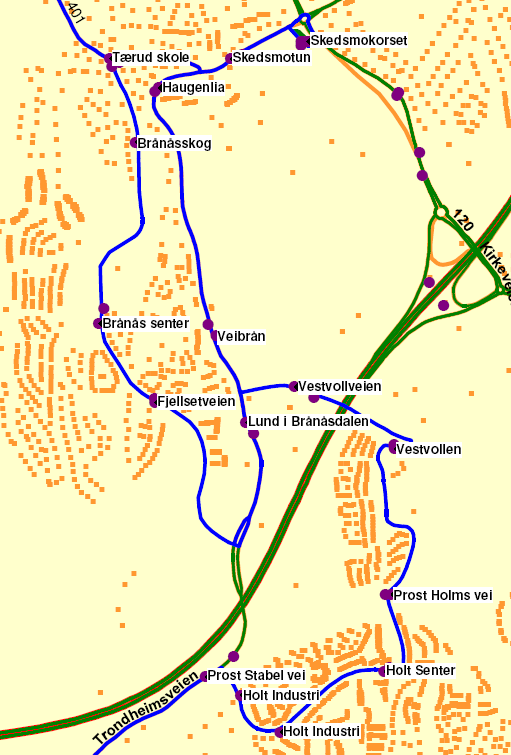 Linje: 401 Retning: Oslo Holt industri Sal loe ed kort inn- og utkjøring uten kantstein.