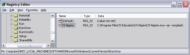 A. A. Endre Gold Image-maskinens register under HKEY_LOCAL_MACHINE\SOFTWARE \Microsoft\Windows\CurrentVersion\RunOnce ved at du legger til den nye strengverdien TI-Nspire = C: \Programfiler\TI