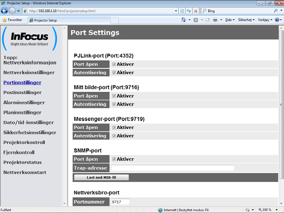 3.1 Webkontroll projektor (fortsatt) 3.1.4 Portinnstillinger Viser og konfigurerer kommunikasjons portalinnstillingene. Punkt PJLink TM -port (Port:4352) Konfigurerer PJLink TM porten (Port:4352).