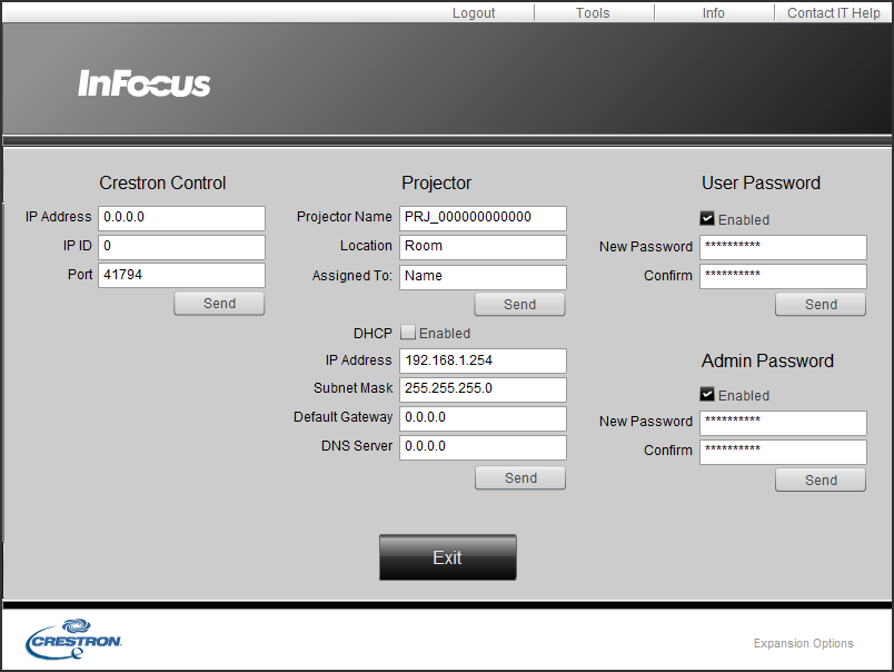 3.2 Crestron e-control (fortsatt) 3.2.2 Tools-vindu 2 1 4 3 5 Konfigurerer innstillingene mellom projektoren og kontrollsystemet Crestron. Klikk [Exit]-knappen for å gå tilbake til Main-vindu.