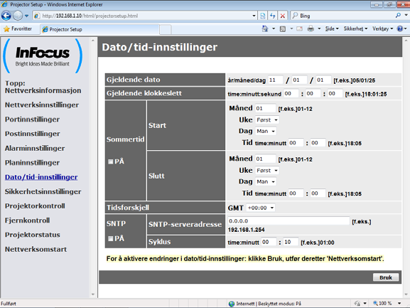 7. Andre funksjoner 7.3 Hendelsesplanlegging (fortsatt) Dato/Tidsinnstillinger ( 30) Dato/Tidsinnstillinger kan justeres via en browser. Eksempel: Hvis IP adressen på projektoren er stilt inn på 192.