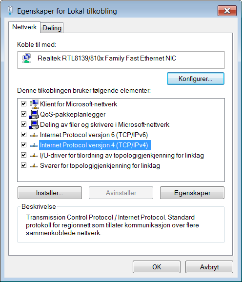 6) Velg Internet Protocol versjon 4 (TCP/IPv4) og klikk [Egenskaper].