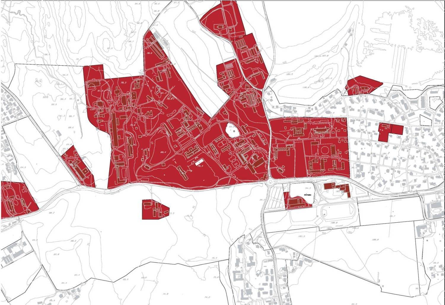 Dette er området som er regulert til offentlig bebyggelse / universitet i dag. Det aller meste ligger nord for Drøbakveien.