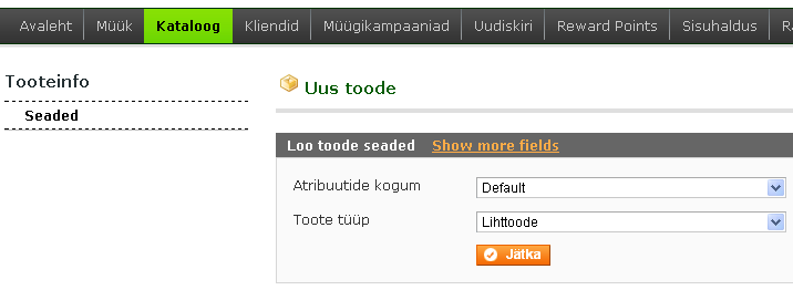 Trykk på "Legg til produkt" Velg "Attributtsett": "Default" Velg "Produkttype": "Enkeltprodukt" Kjennemerkene (attributtene) gjør det mulig å legge til spesifiserte parametre til dine produkter, for