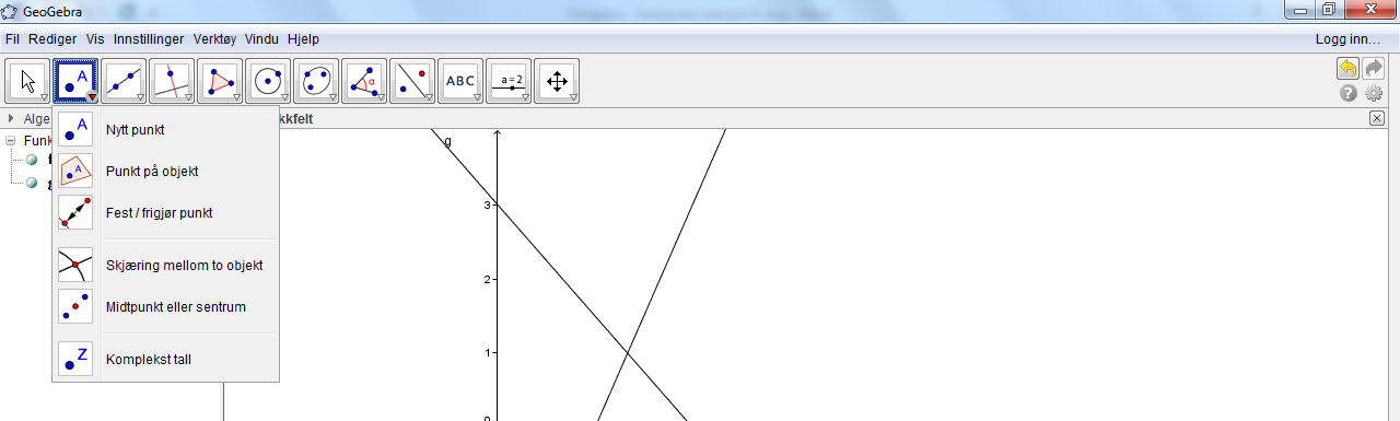 Når skjæringspunktet er funnet, blir det merket av på grafene, samtidig som det også vises i algebrafeltet.