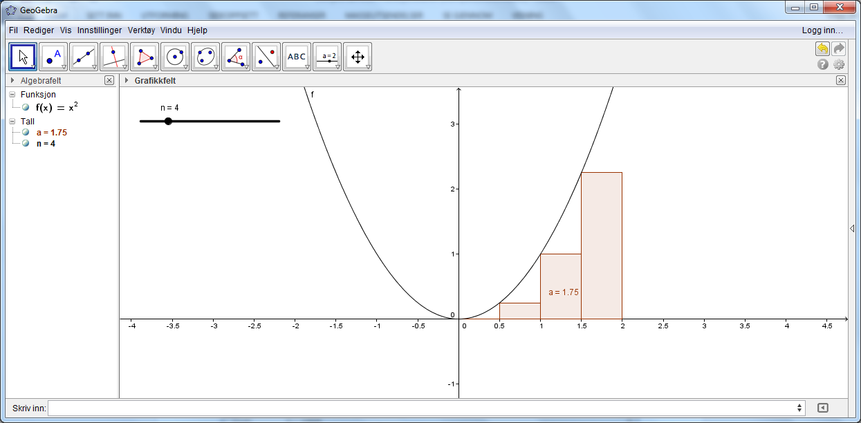 SumUnder[ <Funksjon>, <Start>, <Slutt>, <Antall rektangler> ] Her erstatter du <Funksjon> med f, <Start> med 0, <Slutt> med 2 og <Antall rektangler> med n slik at funksjonen ser slik ut: