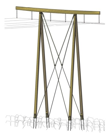 Figur 5-4. To-kurs limtremast med travers av impregnert limtre. Traversen vil være ca 22 meter bred. Høyden er 12-20 meter. Nødvendig rettighetsbelte vil være 42 meter. 5.6 Produksjon og kostnader Den planlagte vindparken vil produsere anslagsvis 445 GWh/år.