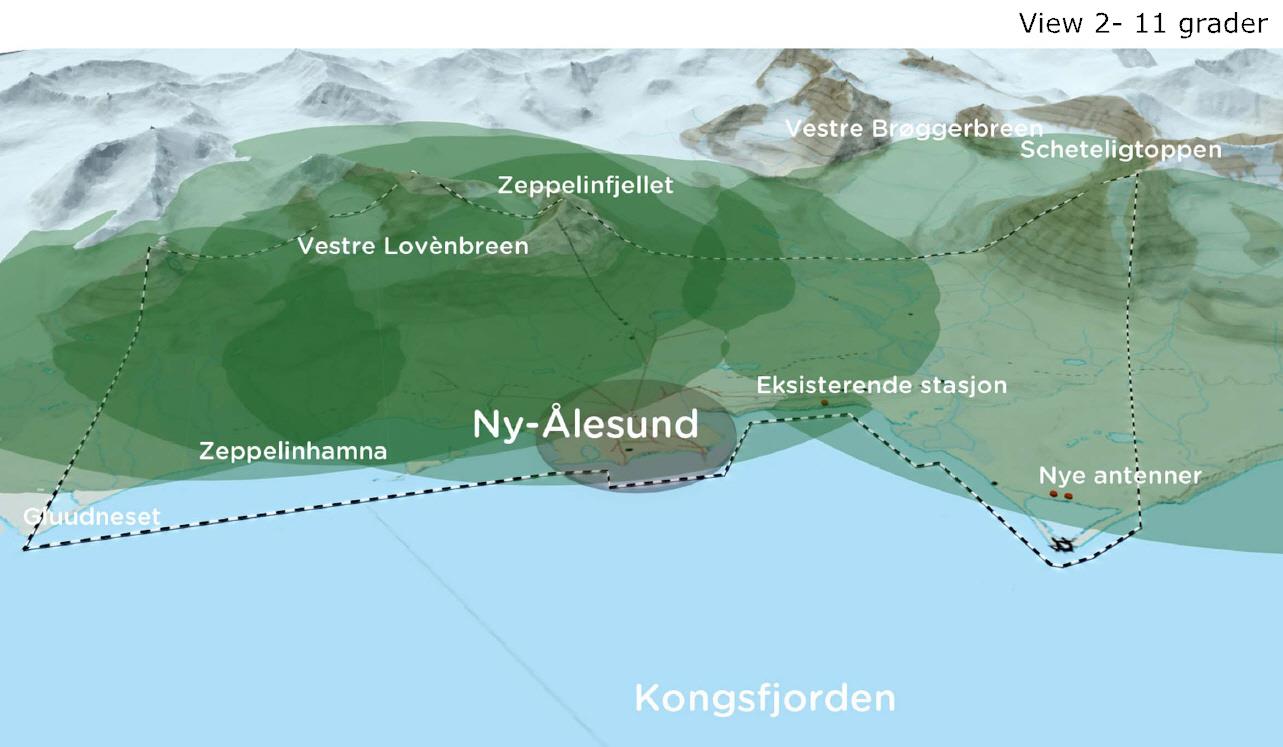 Figur 3. Skyggekart i forhold til fri sikt mot 11 over horisonten Illustrasjonen over (figur 3) viser hvilke områder som blir skjermet av fjellene ved en vinkel på 11 0.
