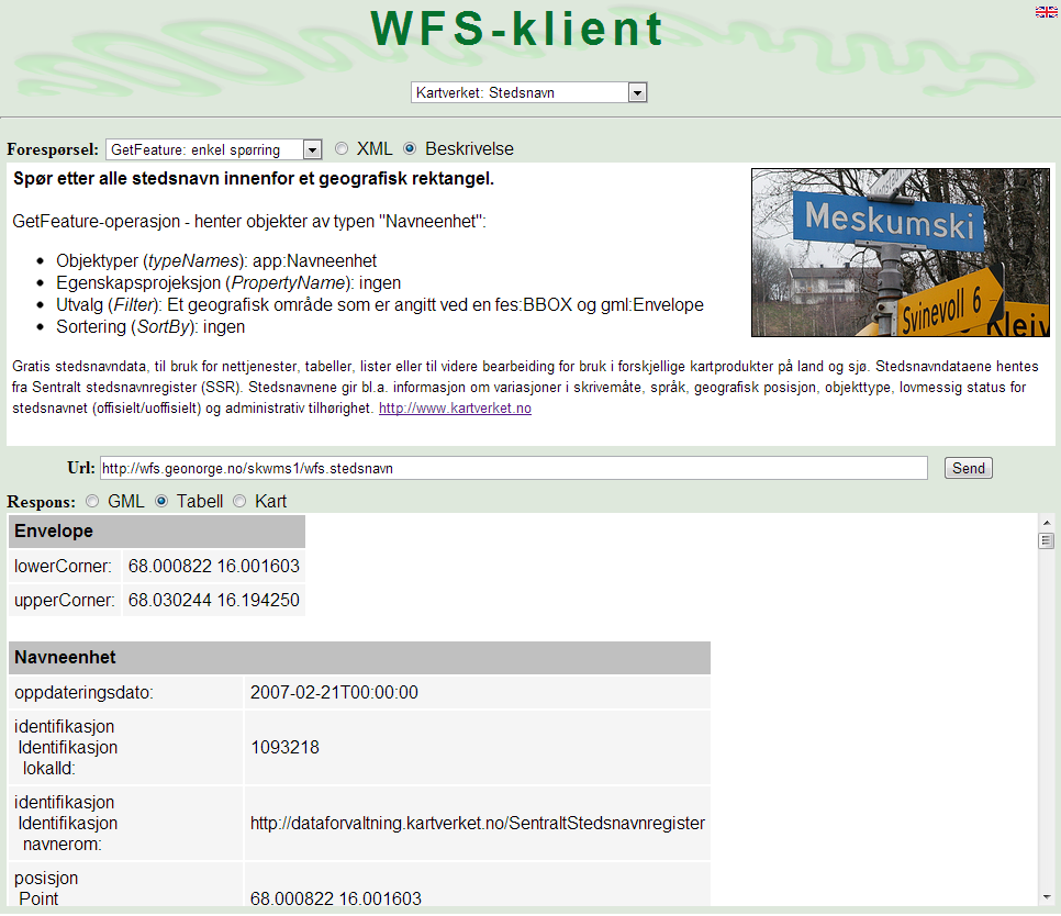 Figur 8 - Tabellarisk visning av GetFeature-respons