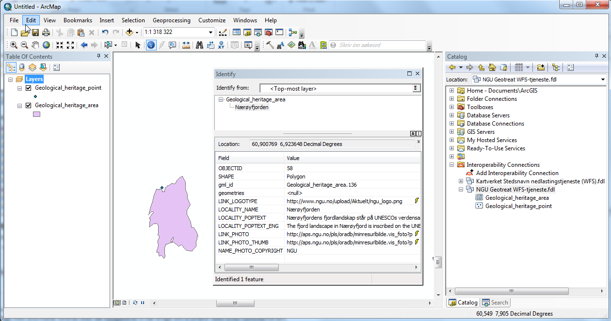 5.3.3 WFS i ArcGIS Her vises eksempler på bruk av WFS i ESRIs programvare ArcGIS Desktop.