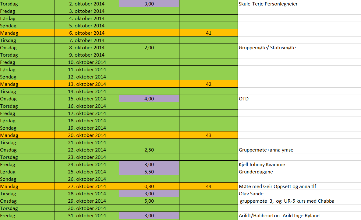 Figur 16: viser et utklipp fra timelisten oktober måned for en på gruppen.