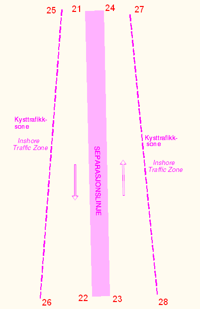 10. des. Nr. 1284 2012 2432 Norsk Lovtidend Trafikkseparasjonssystem i Boknafjorden: (j) En separasjonssone, definert av følgende geografiske posisjoner: (31) 59 08.329 N 005 30.208 E (34) 59 08.