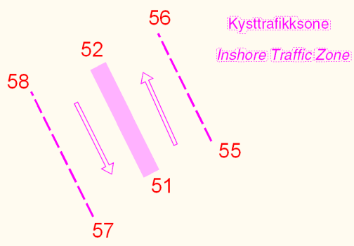10. des. Nr. 1284 2012 2434 Norsk Lovtidend (p) Trafikkfelt for sørgående trafikk mellom separasjonssonen definer i n) og en linje definert av følgende geografiske posisjoner: (57) 59 05.402 N 005 30.