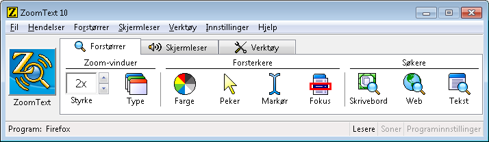 ZoomText Brukergrensesnitt I det du starter ZoomText åpnes programmets brukergrensesnitt. I dette vinduet finnes alle kontrollene til ZoomText.