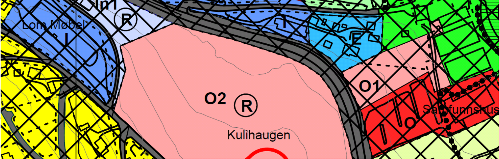 Planlagt arealbruk reknast til å ikkje vera i tråd med overordna plan. Fig 1. Utsnitt frå kommunedelplan for Fossbergom (2003).