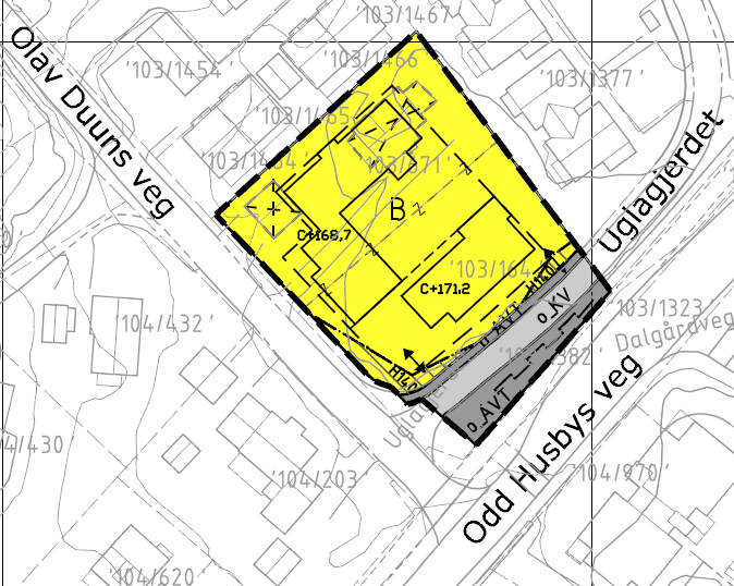 Figur 2: Utsnitt av reguleringsplan for Olav Duuns veg, plan r20110061 Ut over dette er det foretatt mindre justeringer i planbestemmelsene tilpasset endret planforslag.