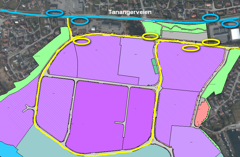 Figur 11: Bussholdeplasser i planområdet og langs Tananger Ring. Offentlig trasé og holdeplasser i lyseblått. Arbeidsbuss- trasé og holdeplasser i gult. 1.5.