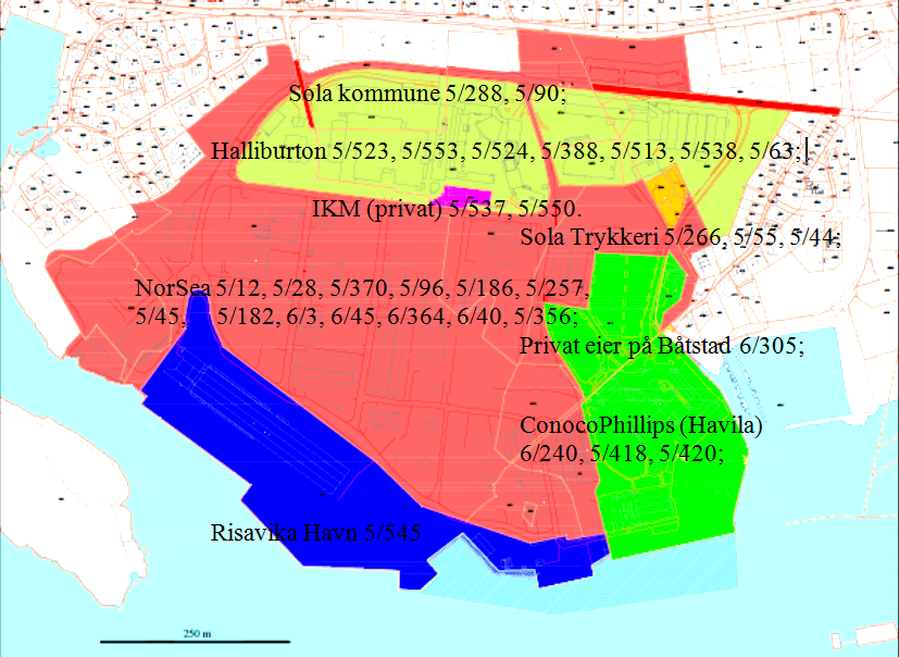 Figur 5: eiendomsforhold i planområdet per 01.12.2012. Foruten Sola Trykkeri, som ligger nord i østre del av planområdet, er alle bedriftene i området knyttet til olje-, og transport virksomhet. 1.4.