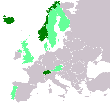 EFTA 1959 (grønn) og 1994 (mørk