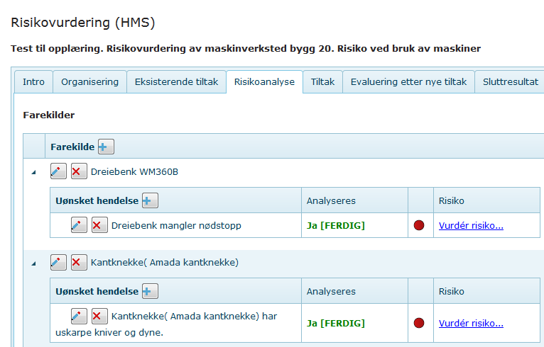 I oversikten for risikoanalyse får vi får fargekoder alt etter sannsynlighet og konsekvensvurdering. Fane «Tiltak».