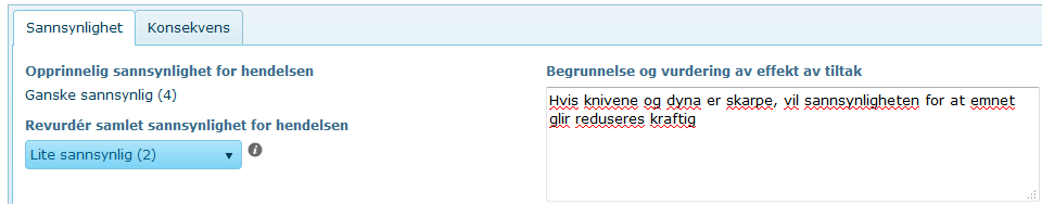 Når vi lagrer ser vi situasjonen før og etter tiltak: Vi har fortsatt en risiko(gul), men det vil alltid være en risiko med roterende maskineri.