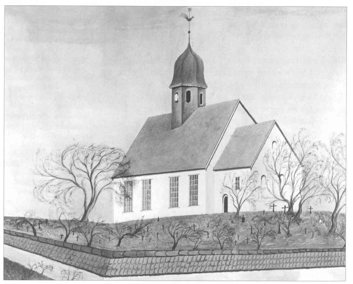 Løten kirke på tegning fra 1773 og nedenfor etter bilde fra 1835.