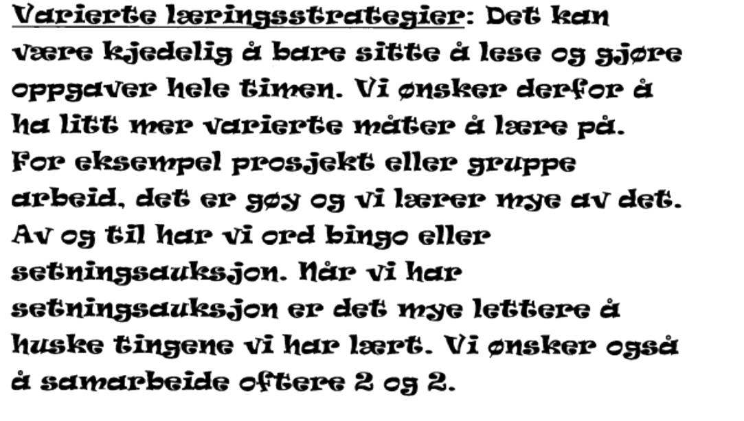 Praktiske og varierte timer Mange elevråd er opptatt av at de lærer best når det er varierte timer. Det er kjedelig å gjøre det samme hver time.