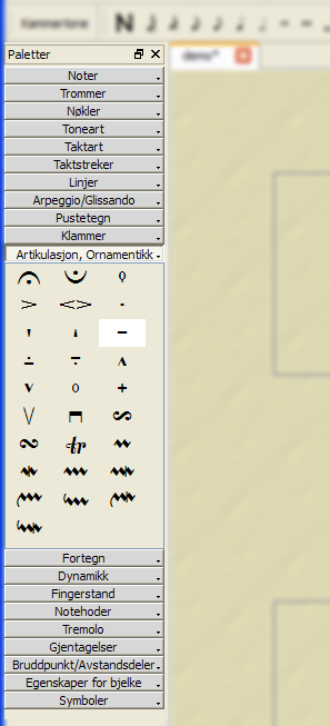 For eksempel kan du enkelt legge på en tenuto på flere noter samtidig: 1. Velg de aktuelle notene 2. Dobbeltklikk på tenuto symbolet i "Artikulasjon, Ornamentikk" paletten.
