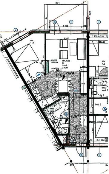 Leilighetstype F3 Plan ca 1:200 2 rom, 54 m 2. Aksemål 2,5 (minste) x 10,77 m. Fasadelengde 10,2 m.