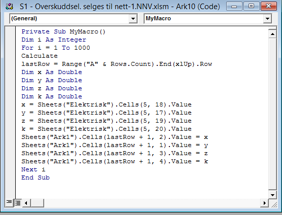 Vedlegg 7: Makro i Excel brukt til