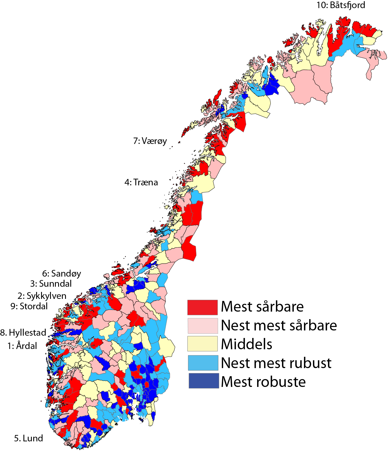 3.15 Variasjoner i sårbarhet i Norge Kartet nedenfor viser variasjoner i næringsmessig sårbarhet i Norge. Figur 31: Sårbarhet i norske kommuner i 2011.