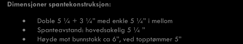 Dimensjoner spantekonstruksjon: Doble 5 ¼ + 3 ¼ med enkle 5 ¼ i mellom Spanteavstand: hovedsakelig 5 ¼ Høyde mot bunnstokk ca 6, ved topptømmer 5 Ved riving av skandekk og fyllstykker ute i skute