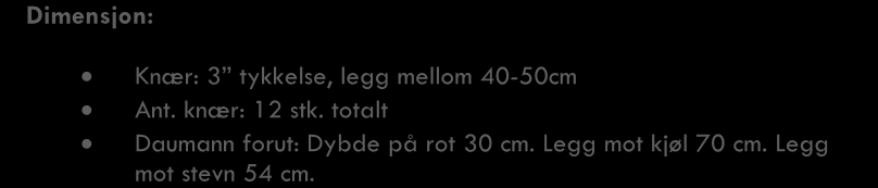 å ha lagt 4 lag, grovslettet vi tømmeret innvendig. Etter 5. lag, ble det gjort justeringer av rekkestøtter mot tømmer i hekk. Det 5. laget er anlegg og spikerslag for dekksplankene. Det 6.