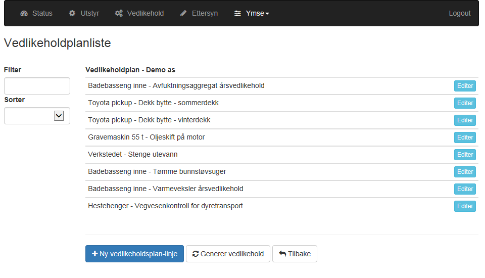 På utstyret du registrerer, kan du legge til en og en vedlikeholdsoppgave eller lage en vedlikeholdsplan som automatisk