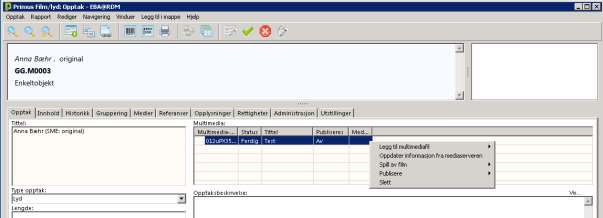 Høyreklikk på raden for den sist opplastede mediefilen og velg Oppdatere informasjon fra medieserver.