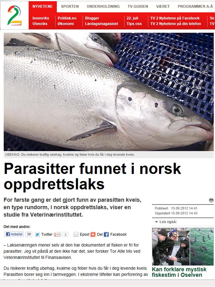 Funn av kveis i taperfisk av oppdrettslaks Tidligere rapporter antar at anisakide larver er fraværende i oppdrettslaks (EFSA Journal