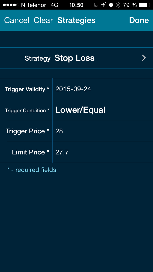 STOP-LOSS STOP-LOSS Trigger Validity: Bestemmer gyldighet på ordren. Trigger Price: Her skriver du ønsket trigger pris.
