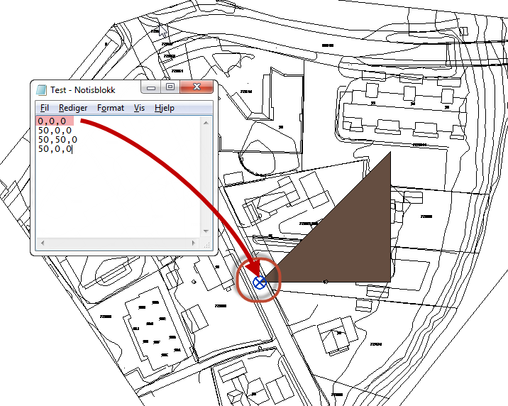 For å teste dette lager jeg meg en ny tekstfil for å generere et nytt terreng. Jeg passer på at jeg har et punkt med koordinatene 0,0,0 for å se om dette punktet vil plassere seg midt i Origo.